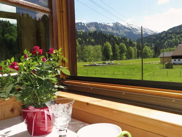 Aussicht aus dem Fernster vom Ferienhof © Landhaus Alt Blick auf die Allgäuer Berge vom Landhaus Alt in Oberstdorf