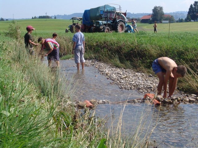 Spielen am Bach am Ferienhof Hieble im Allgäu