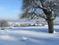 Blick in die verschneite Winterlandschaft vom Hof