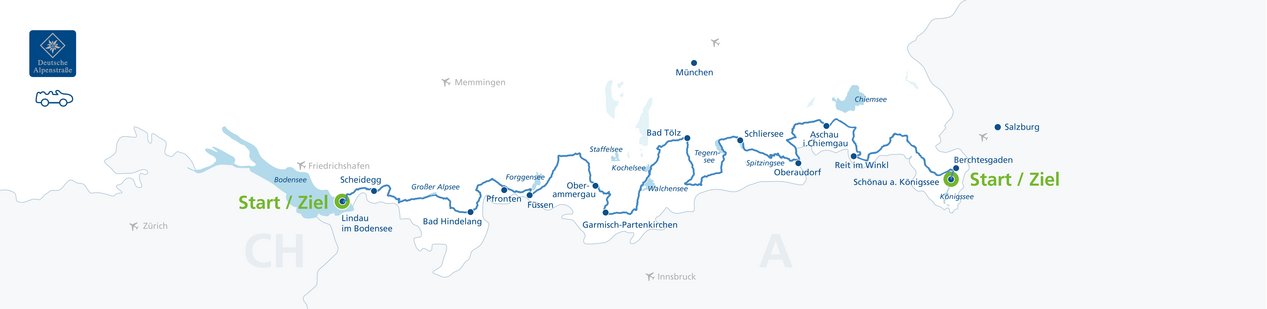 Routenverlauf Deutsche Alpenstraße © Deutsche Alpenstraße Skizze des Routenverlaufs der Deutschen Alpenstraße vom Bodensee bis zum Königssee