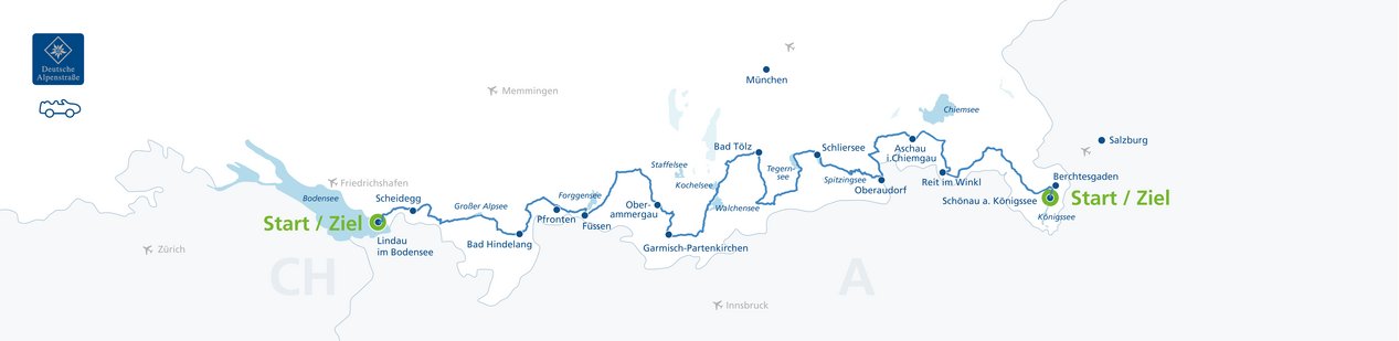 Skizze des Routenverlaufs der Deutschen Alpenstraße vom Bodensee bis zum Königssee