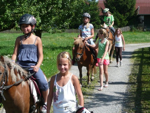 Reiten auf dem Bauernhof, geführtes Ponyreiten