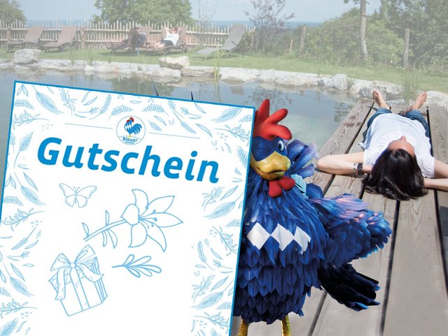 Blauer Gockel Urlaubsgutscheine online bestellen, selbst ausdrucken oder digital einlösen auf über 1400 Urlaubshöfen in Bayern.