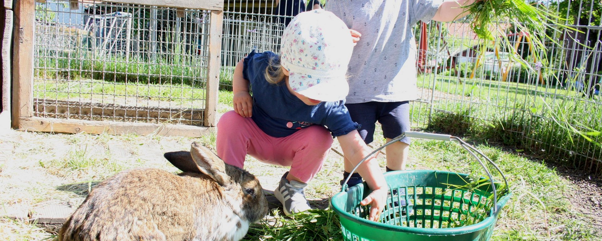 Kleine Kinder lernen spielerisch den Umgang mit Nagetieren auf dem Bauernhof