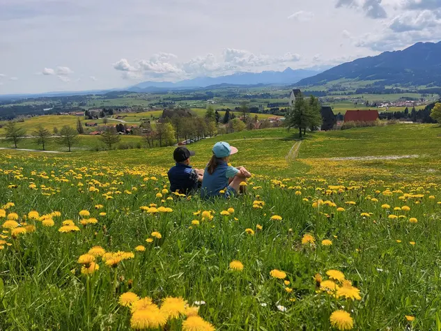 Kinder sitzen im Löwenzahnfeld